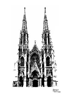 a black and white drawing of a cathedral