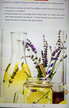 the recipe for lemonade is displayed in front of jars with flowers and glasses filled with liquid