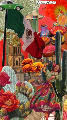 a collage of mexican art with cactus, car and flowers in the foreground