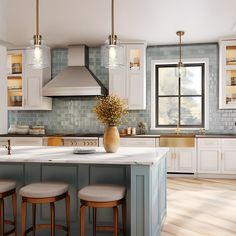 a kitchen with white cabinets and wooden stools next to a center island in front of a window