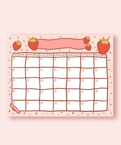 a pink and white calendar with strawberries on it