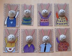 four pictures of rabbits with different clothes on them