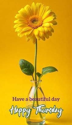 a yellow flower in a glass vase with the words have a beautiful day happy birthday