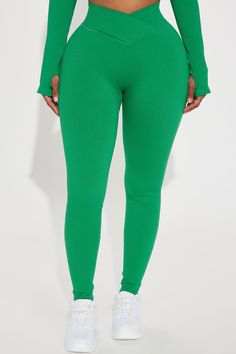 Available In Hot Pink And Kelly Green. High Waist Leggings Elastic Waistband Cross Front Seamless Ribbed Full Length Medium Impact Stretch Pair With "Namaste Seamless Active Top" Imported 92% Nylon 8% Spandex | Namaste Seamless Active Leggings in Kelly Green size XS by Fashion Nova Green Bottoms With Elastic Waistband Micro-elastic, Green Bottoms With Elastic Waistband And Micro-elastic Fit, Green Bottoms With Elastic Waistband, Green Stretch Pants For Loungewear, Stretch Green Pants For Loungewear, Green Stretch Full-length Leggings, Green Micro-elastic Elastane Leggings, Green Stretch Bottoms For Loungewear, Stretch Green Bottoms For Loungewear