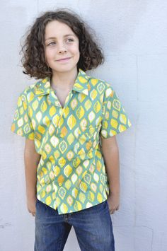 Skater Shirt in Lemon-Lime Organic Fabric by Monaluna Collared Tops For School In Fall, Casual Fall Shirt With Johnny Collar, Cotton School Tops With Collar, Yellow Casual Top With Camp Collar, Casual Yellow Tops With Camp Collar, Casual Yellow Top With Camp Collar, Collared Cotton Tops For School, Relaxed Fit Cotton Camp Shirt With Collar, Collared Tops For School