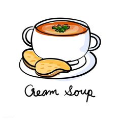 a drawing of a cup of soup and some crackers on a plate with the word cream soup written below it