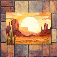 a painting on a brick wall with cactus and mountains in the background at sunset or sunrise