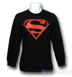 Superboy Long-sleeve T-Shirt Band Merch Long Sleeve T-shirt With Character Print, Superhero Long Sleeve Tops With Character Print, Black Long Sleeve Pop Culture Top, Pop Culture Long Sleeve Tops For Fan Conventions, Red Long Sleeve Band Merch Top, Long Sleeve Fan Apparel Top With Character Print, Fandom Style Long Sleeve Tops For Streetwear, Superhero Black Top With Letter Print, Long Sleeve Character Print Fan Apparel Top