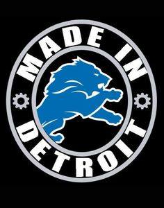 the detroit lions logo is shown on a black and blue background with white lettering that reads made in detroit detroit