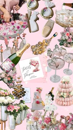 a collage of pink and white items with flowers on them, including champagne bottles