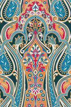 an ornate paisley design in blue, orange and red