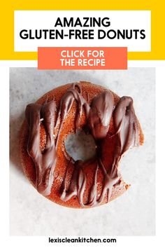 a donut with chocolate icing sitting on top of a white counter next to the words, amazing gluten - free donuts click for the recipe