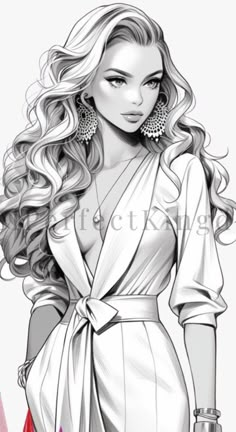 a black and white drawing of a woman in a dress with long hair wearing large earrings