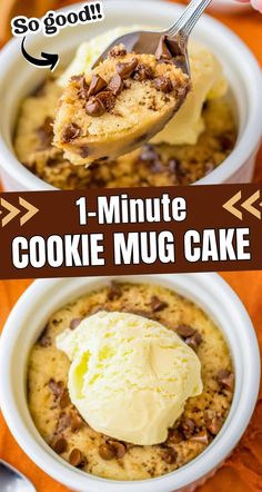 two pictures showing the steps to making cookie mug cake with ice cream and chocolate chips