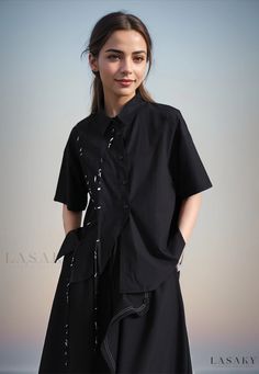 Lasaky - Irregular Loose Fit Shirt with Contrasting Colorful Ribbons Asymmetrical Summer Workwear Shirt, Asymmetrical Black Shirt For Spring, Black Asymmetrical Shirt For Spring, Casual Black Asymmetrical Shirt, Loose Fit Shirts, Cardigan Outfits, Style Cardigan, Loose Blouse, Black Cardigan