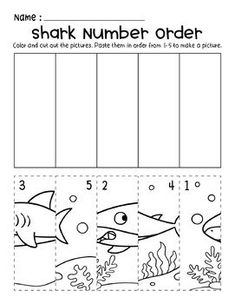 the shark number order worksheet for children to learn how to count and color