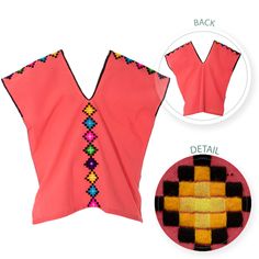 Ch'ol Modern V-Neck Huipil Blouse - 11 8 Days, Geometric Designs, Geometric Design, Coral, Blouses, V Neck, Embroidery, Color, Design