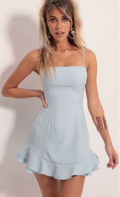 Party dresses > Aubrey Ruffle Dress In Light Blue Light Blue Mini Dress, Baby Blue Dresses, Lucy In The Sky, Casual Day Dresses, Grad Dresses, Straight Dress, Ruffle Mini Dress, Blue Mini Dress, Hoco Dresses