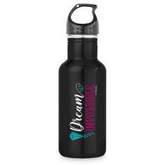 a black water bottle with the words dream on it and an arrow in the middle