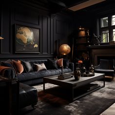 a living room filled with furniture and a fire place next to a large painting on the wall