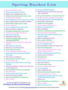 a spring bucket list with the words spring bucket list written in pink and blue on it