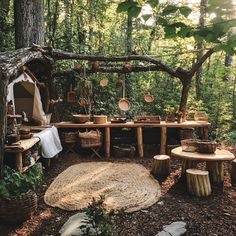 an outdoor kitchen in the woods with lots of potted plants and plates on it