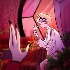 an animated character is talking on the phone in front of a pink background with flowers