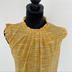 Adrianna Papell Yellow Ruffle Neck Top New With Tags Color Yellow And White Stripes Size M 95% Polyester 5% Elastane Chic Yellow Stretch Blouse, Yellow Sleeveless Top With Ruffles, Chic Mustard Cotton Top, Fitted Yellow Ruffle Blouse, Yellow Sleeveless Cotton Blouse, Yellow Sleeveless Blouse With Ruffles, Sleeveless Yellow Blouse With Ruffles, Yellow Stretch Tops With Ruffles, Ruffle Top Blouses