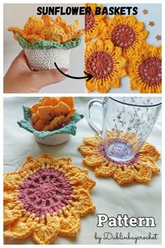 crocheted sunflower baskets are shown with the instructions to make them look like they have