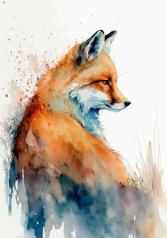 a watercolor painting of a fox sitting in the grass