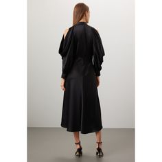 Black crepe (100% Polyester). A-line. Long sleeves. Off the shoulder. Back zipper closure. 50" from shoulder to hemline. Made in the USA of imported fabric. Fab Frocks, High Fashion Looks, Halter Neck Dress, Rent The Runway, Halterneck Dress, Base Layer, Halter Neck, Mock Neck, High Fashion