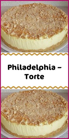 two pictures of a cheesecake with the words philadelphia - torte on top and bottom