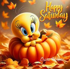 a yellow bird sitting on top of a pumpkin surrounded by leaves with the words happy saturday written above it