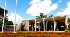 the university of hawaii building with flags flying in the wind and palm trees behind it