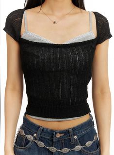 Ribbed Square Neck Knit Top CA423 - Acubi style | LEWKIN Black Y2k Mesh Top For Summer, Y2k Black Mesh Top For Summer, Y2k Style Black Mesh Top For Summer, Trendy Tops For Summer Night Out, Y2k Black Mesh Top For Night Out, Trendy Summer Tops For Night Out, Casual Summer Party Tops, Y2k Mesh Top For Night Out In Spring, Trendy Crew Neck Tank Top For Night Out