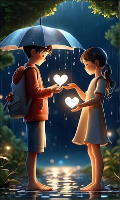 two children are standing under an umbrella in the rain, one is holding a heart shaped light