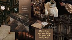 a collage of books and pictures with words written on them, including an old piano