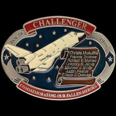 a badge with an image of a space shuttle in the center and stars around it