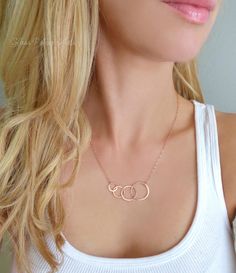 "Sterling Silver Four Circle Infinity Necklace ~ Available in Gold, Rose Gold or 100% Sterling Silver This stunning infinity necklace is perfect to represent the four of you! *Total necklace length including circles shown at 19\" (model has a size small neck) - Three circles are 24k gold vermeil or sterling silver (measuring about 47mm combined) - Chain is a shimmery 14k gold fill, rose gold fill or sterling silver chain - Necklace closes with a 14k gold fill, rose gold fill or sterling silver s Pear Shaped Diamond Necklace, Infinity Necklace Gold, Horseshoe Pendant, Horseshoe Necklace, Sister Necklace, Infinity Jewelry, Diamond Jewelry Necklace, Diamond Solitaire Necklace, Family Of Four