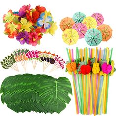 several different types of colorful straws and flowers