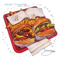 two sandwiches and french fries on a tray