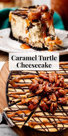 caramel turtle cheesecake with pecans on top