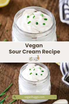 vegan sour cream recipe in small jars with green sprinkles on top