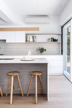 two stools sit in front of the kitchen island