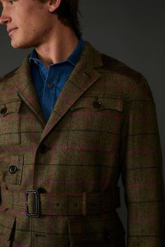 Fitted Tweed Outerwear With Patch Pockets, Fitted Brown Tweed Jacket With Patch Pockets, Fitted Long Tweed Jacket, Beauty Redefined, Hunt Coat, Elbow Pads, Tagua Nuts, Purple Accents, Adjustable Belt