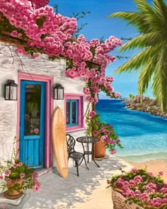 a painting of a beach house with flowers and a surfboard on the porch next to it