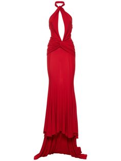 Back hook closure at collar. Halter strap. Front cutout detail. Open back. Model is wearing a size40 Red Open Back Dress, Halter Dress Pattern, Long Halter Dress, Drape Gowns, Drape Maxi Dress, Cute Dress Outfits, Long Red Dress, Red Dress Maxi, Halter Strap