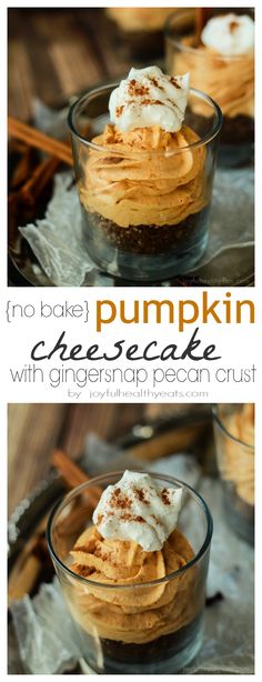 no bake pumpkin cheesecake with ginger syrup pecan crust in a glass bowl