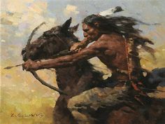 an oil painting of a native american man riding a horse