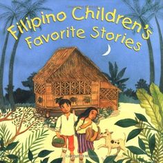 a children's book with an image of two people standing in front of a hut